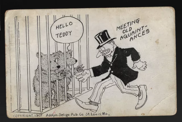 1907 Teddy Roosevelt Adolf Selige Cartoon Postcard With Teddy Bears at the Zoo