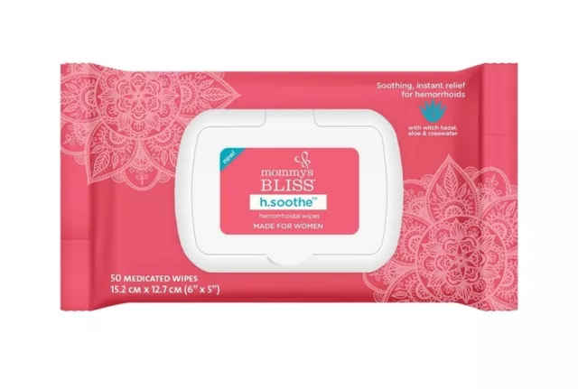 Toallitas calmantes para hemorroides Mommys Bliss para mujer, aloe y agua de rosas, 50 quilates