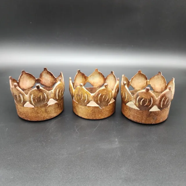 Vintage Copper Tone Crown Shaped Metal Pillar Candle Holders set of 3