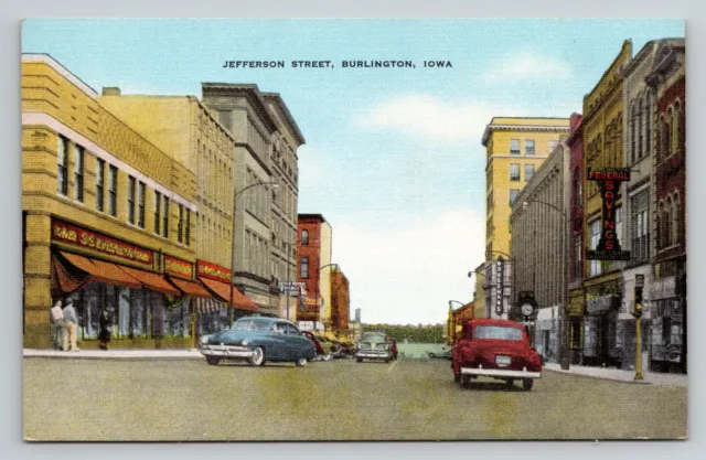 Iowa Burlington Jefferson Street View 1940s IA Linen Postcard