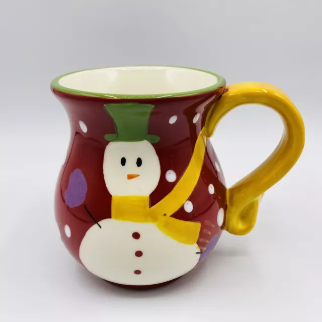 Pier 1 Imports Hand Painted Dolomite Mug Snowman Snow Ball Colorful 16 oz