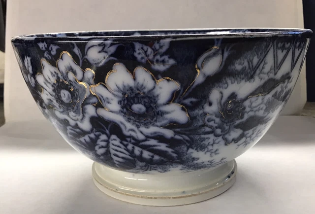 Antique K&G Luneville France 1940s Flow Blue Serving Bowl 3.5” x 6” Gold Gilt