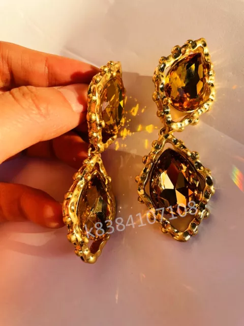 Oscar De La Renta Gold Tone  Crystal Embellished Drop Clip Earrings
