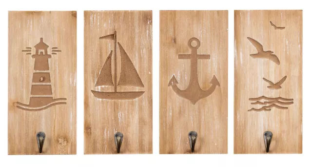 4er Set Wandhaken H25cm Segelboot Möwen MDF Holz Braun Kleiderhaken Maritim Deko