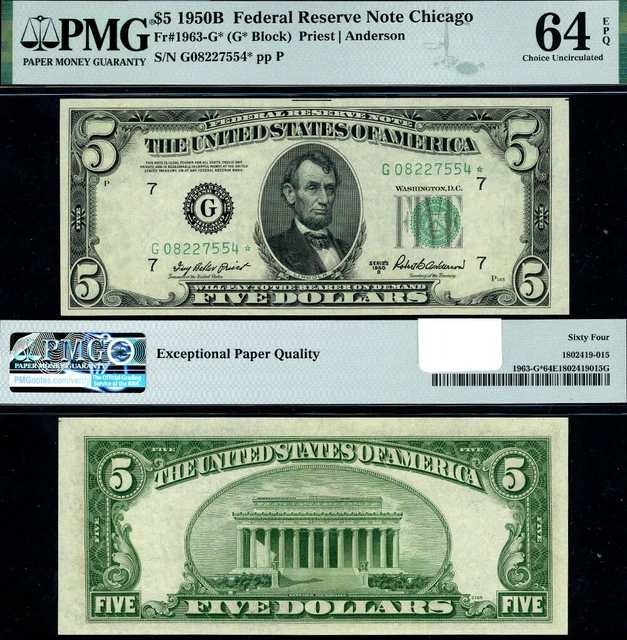 FR. 1963 G* $5 1950-B Federal Reserve Note Chicago G-* Block PMG CU64 EPQ Star