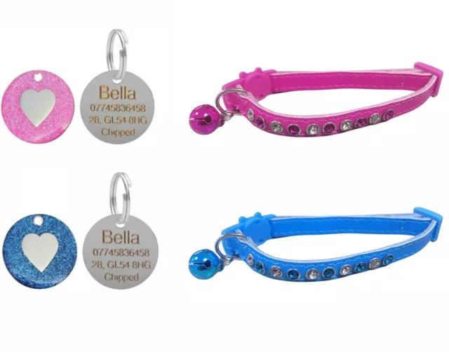 Leather Cat Collar, Diamantes, Safety Buckle, Bell & Engraved Heart Glitter Tag