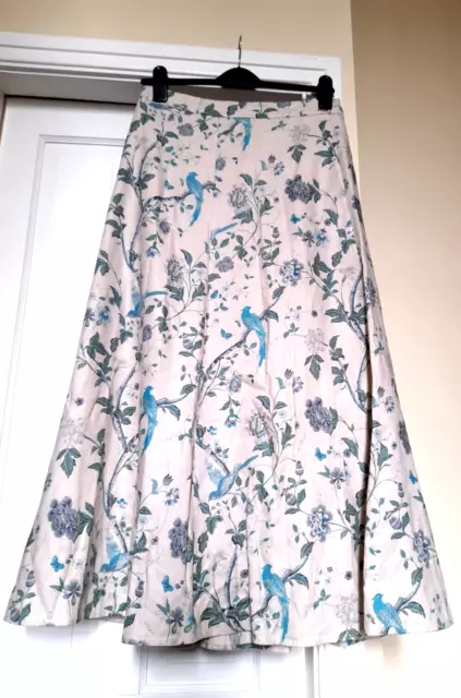 Gorgeous Laura Ashley Long A-line Linen Skirt Bird Print Pockets UK 12