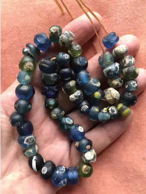 (B) Strand Rare Ancient Excavated Glass Eye Beads Blue Green #2