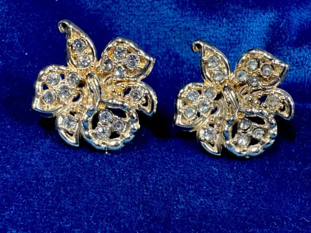 Vintage GAUDY Gold Tone w a Lot Of Diamond Rhinestones Chunky Earrings