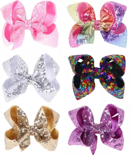 6 Pack 5" Large Mermaid Sequin Bow Hair Clips,  3D Five Inches (12Cm) Ribbon Mer