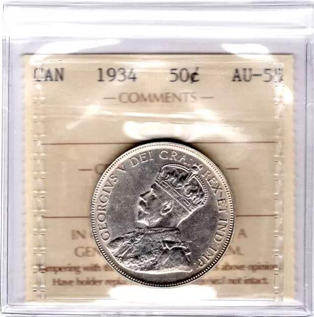 1934 Canada 50 Cents Silver Coin - ICCS Graded AU-55