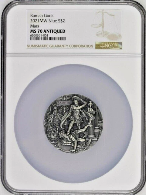2021 Niue MV $2 2 oz Silver Roman Gods MARS - NGC MS 70 ANTIQUED