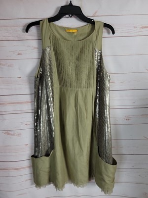 Alice + Olivia Green Pleated Sequin Sleeveless Mini Shirt Dress Size Large