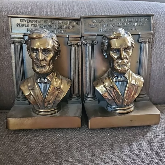 Abraham Lincoln Mid-century 1950-60s Bradley & Hubbard Pair of 8" Brass Bookends