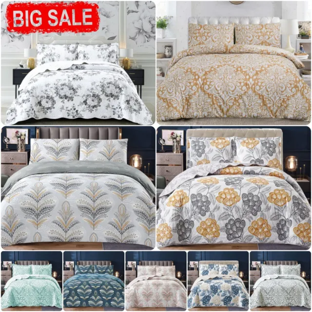 3 Piece Quilted Patchwork Bedspread Printed Comforter Throw Bedding Set Double