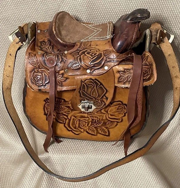 VINTAGE WESTERN HAND Made Tooled Leather “Saddle Bag” Handbag Purse