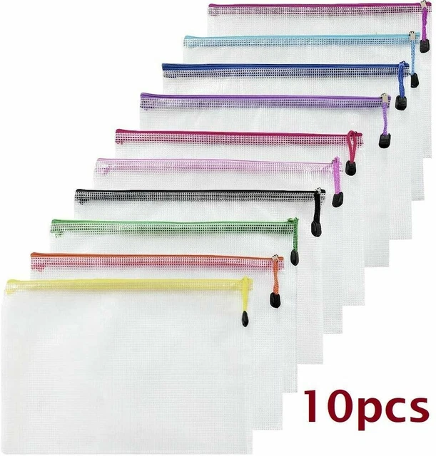 10pk A4 Plastic Mesh Document Wallets Files Zip Lock Bags School Office Pouch