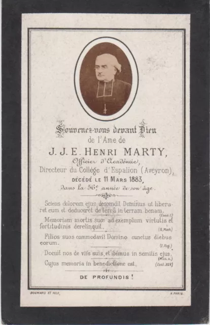 1883 Mémento Abbé Henri MARTY, Directeur du Collège d' Espalion (Aveyron).