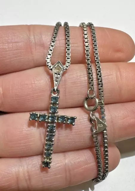 Vintag Sterling Silver Blue Topaz Color CZ Cross Pendant Chain 18" Necklace PC10