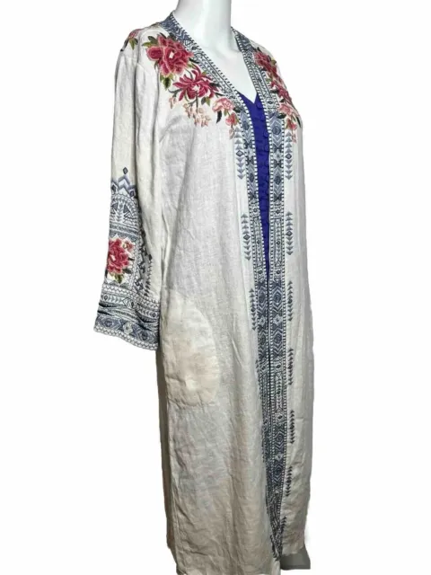 Johnny Was Linen Embroidered Kimono Wrap Duster  SMALL White & Blue Retail $745