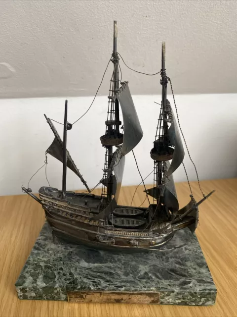 Solid silver model of The Mayflower on marble base 73/850