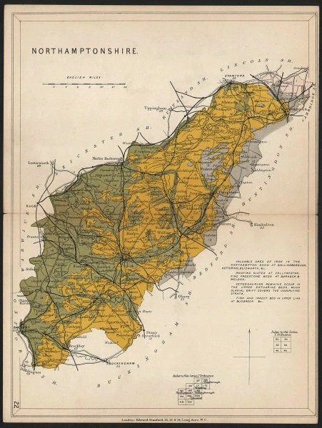 NORTHAMPTONSHIRE Geological map. STANFORD 1907 old antique plan chart