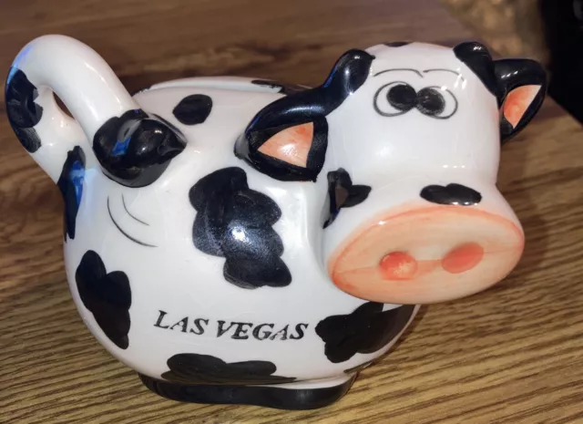 Souvenir Las Vegas Ceramic Cow Piggy Bank 3-1/2"T x 4-1/2"L B&W