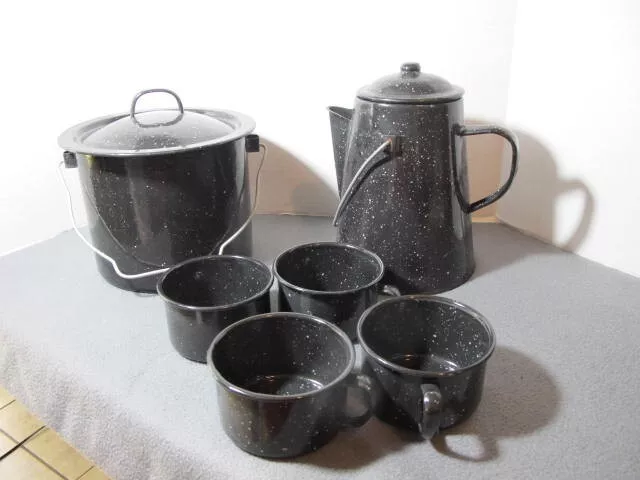 6pc Black & White Speckled Enamelware Cooking Set Hunting Camping Skoolie RV's