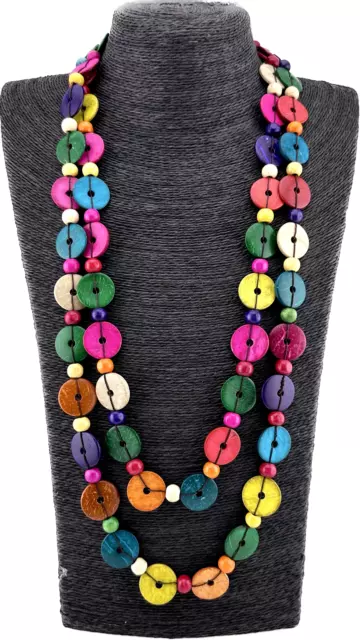 Extra Long Bright Multicoloured Coconut Shell Circles Discs Beads Necklace New