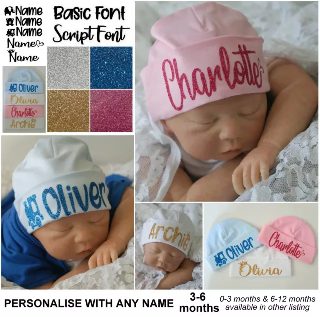 Baby Beanie Hat PERSONALISED Cap baby gift 3-6 months Pink blue white