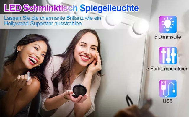 LED Spiegelleuchte für Make Up Bulbs Licht Dimmbar USB Hollywood Stil 10 LEDs 3