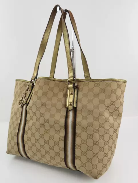 Auth GUCCI Brown GG Canvas and Gold Leather Sherry Line Tote Bag Purse #56244