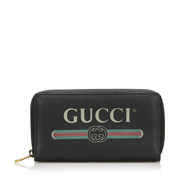 Authenticated Gucci Logo Print Zip Around Long Wallet Black Calf Leather Wallets