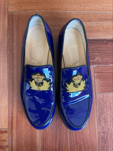 CHRISTIAN LOUBOUTIN Laperouza blue patent crest shoes loafers - Size 38 EU $895 2