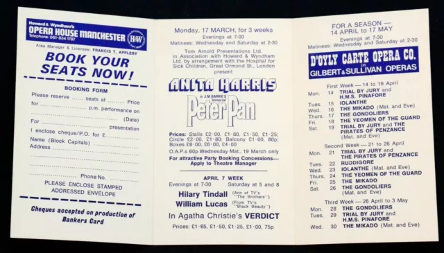 1975 Theatre Flyer Small Card Manchester Opera House Anita Harris PETER PAN