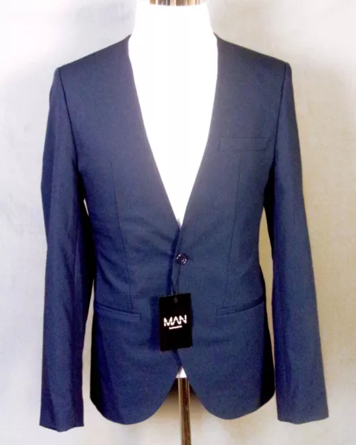 NWT new Boohoo MAN Navy Blue Collarless Men's Suit Jacket Blazer sz 40