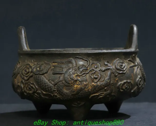 5.1'' Old Chinese Dynasty Marked Bronze Gilt Dragon 3 Leg Incense Burner Censer