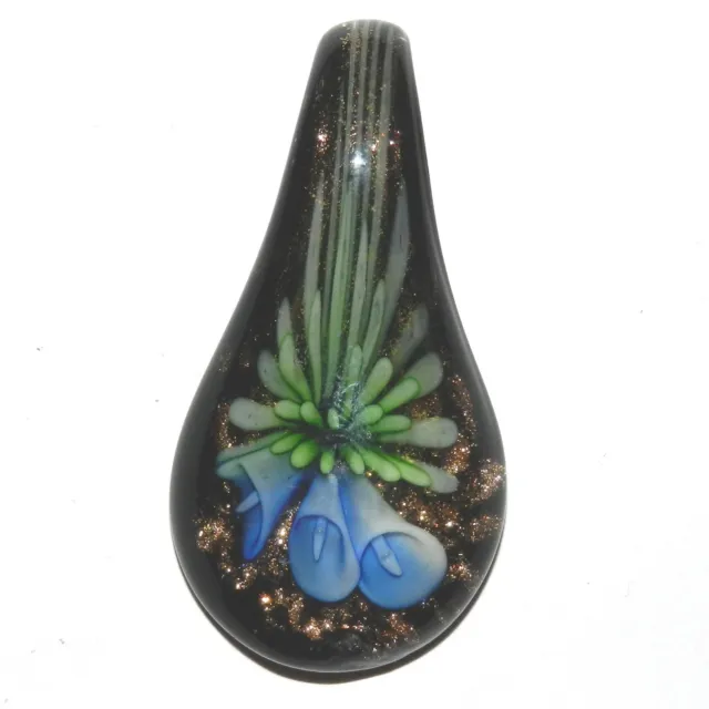 P2448 Blue & Green Flower Gold Sparkles 54mm Lampwork Glass Spoon Drop Pendant