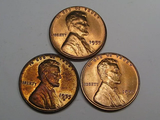 Bu / UNC Tout 3 Menthe 1955 Lincoln Blé Pennies Pds. #21