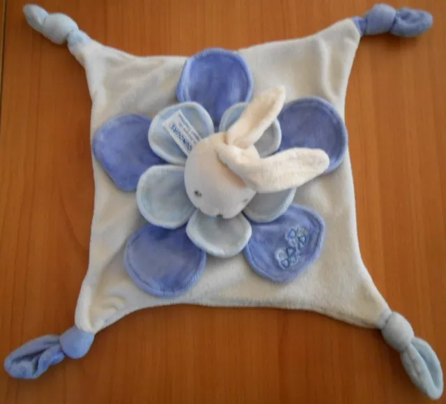 DOUDOU Peluche Doudou NOUNOURS LAPIN PLAT FLEURS BLEU LAVANDE 22cm - D195
