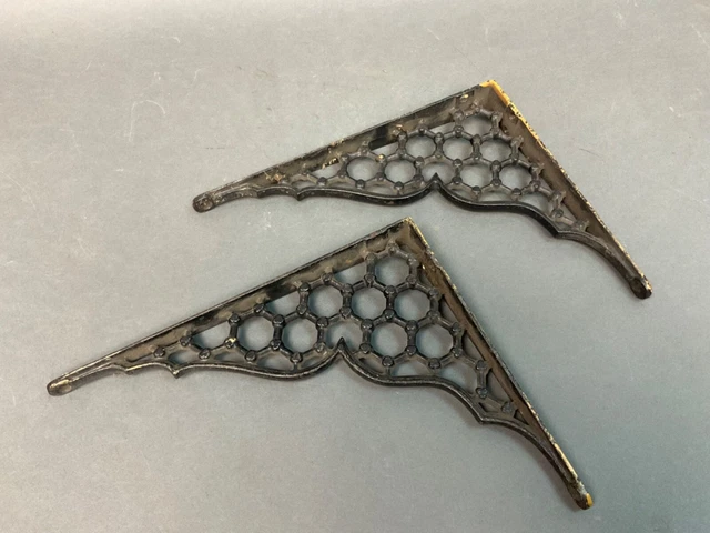 Pair Antique Vintage  Black Victorian Cast Iron Shelf Bracket  10" X 8"