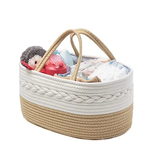 Baby Diaper Caddy Organizer, Rope Woven Nursery Storage Basket with Adjustabl...