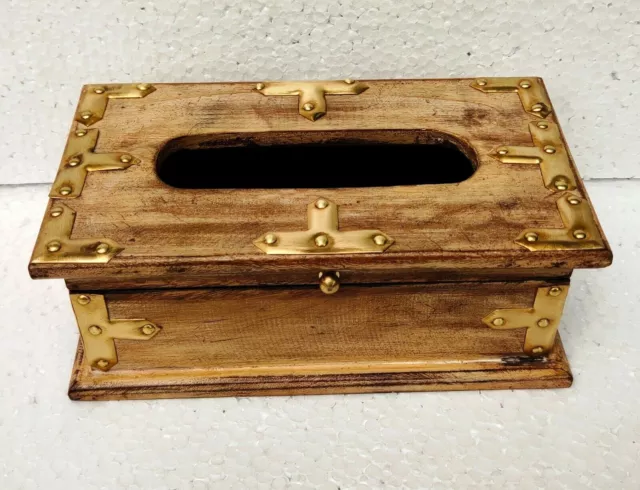 Caja de pañuelos de madera hecha a mano de latón con soporte de pañuelos... 2