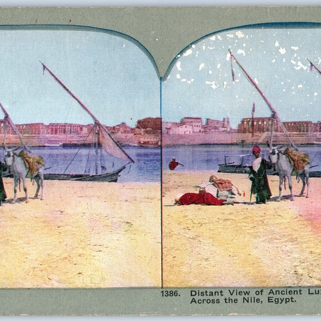 c1900s Luxor, Nile, Egypt Distant View Boy Boat Donkey Litho Photo Stereo V6