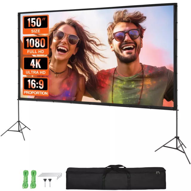 VEVOR Beamer Projektion Leinwand 381cm 16:9 4K 1080 HD Filmleinwand Stative