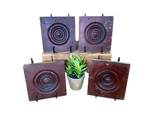 4 Plinth Blocks, Antique Bullseye Rosettes, Architectural Salvage Wood Trim C72
