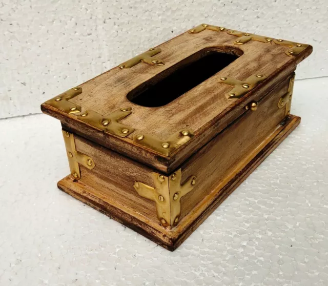 Caja de pañuelos de madera hecha a mano de latón con soporte de pañuelos... 3