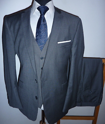 Men's Ben Sherman Grey 3 Piece Wool Suit 44 R Jacket Waistcoat Trousers W34 L33