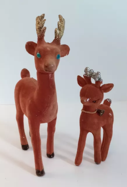 2 Vintage Kitschy Flocked Glittered Plastic Reindeer 50s-60s Christmas Decor