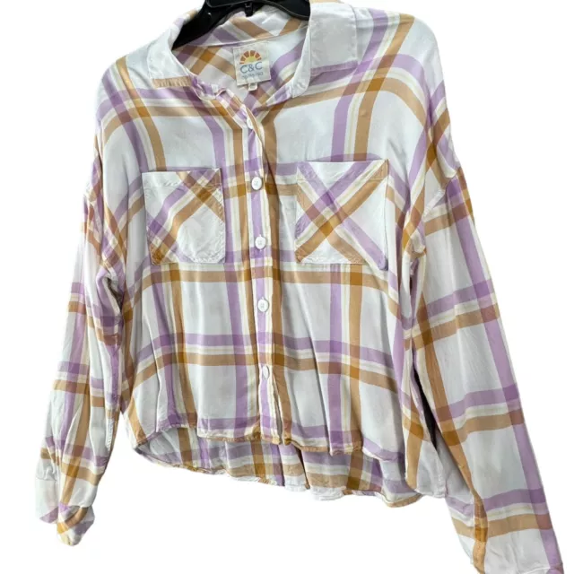 C & C California Womens Plaid Shirt Size M Purple Brown Button Up Roll Up Sleeve 3